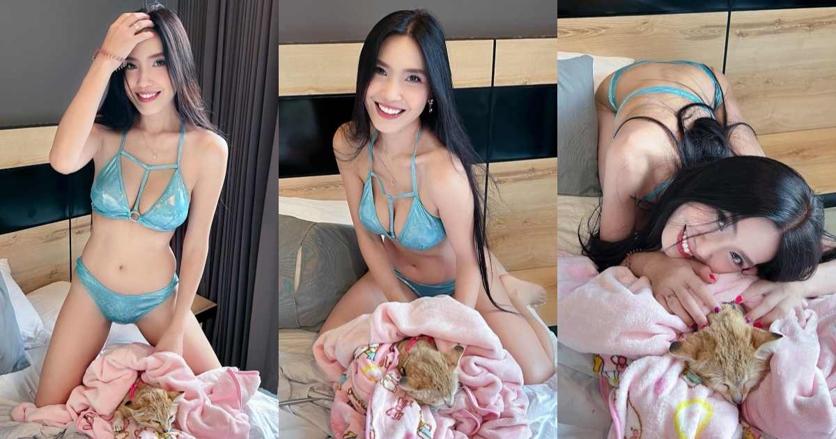 สาดแซ่บอวดหุ่นสุดเป๊ะ บอลลูน พินทุ์สุดา สวมบิกินี่ตัวจิ๋ว ถ่ายรูปคู่กับน้องแมว