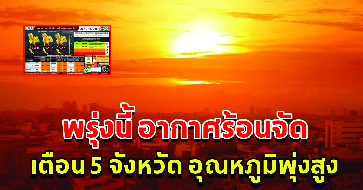 พรุ่งนี้อากาศร้อนจัด เตือน 5 จังหวัด อุณหภูมิพุ่งสูง ระวังอันตราย