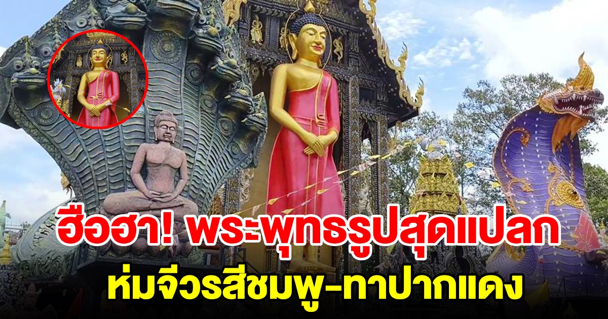 ฮือฮา พระพุทธรูปสุดแปลก ห่มจีวรสีชมพู-ทาปากแดง ทำชาวบ้านงง