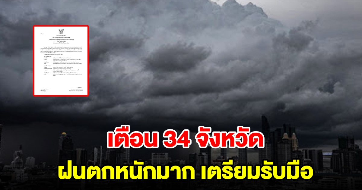 กรมอุตุนิยมวิทยา ประกาศฉบับที่ 16 เตือน 34 จังหวัด ฝนตกหนักมาก เตรียมรับมือ