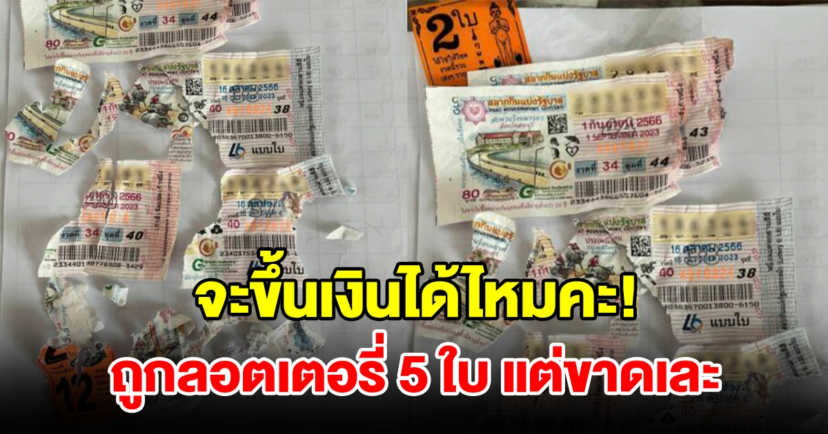 สาวแทบร้อง ถูกลอตเตอรี่ 5 ใบ แต่สลากฯขาดเละ ถามลั่นจะเอาไปขึ้นเงินได้ไหม