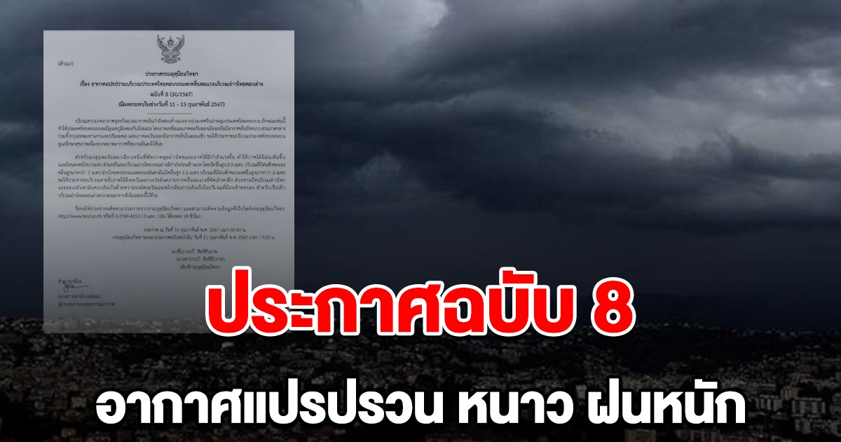 กรมอุตุ ประกาศฉบับ 8 พื้นที่ต่อไปนี้ อากาศแปรปรวน หนาว ฝนหนัก