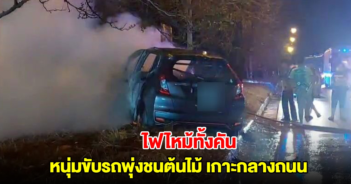 ระทึก! หนุ่มขับรถพุ่งชนต้นไม้เกาะกลางถนน ไฟไหม้ทั้งคัน