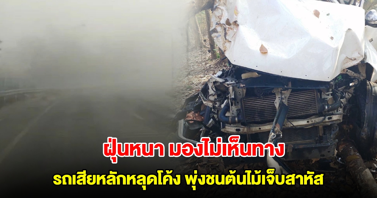 ฝุ่นหนา! หนุ่มขับกระบะมองไม่เห็นทาง รถเสียหลักหลุดโค้งพุ่งชนต้นไม้เจ็บสาหัส