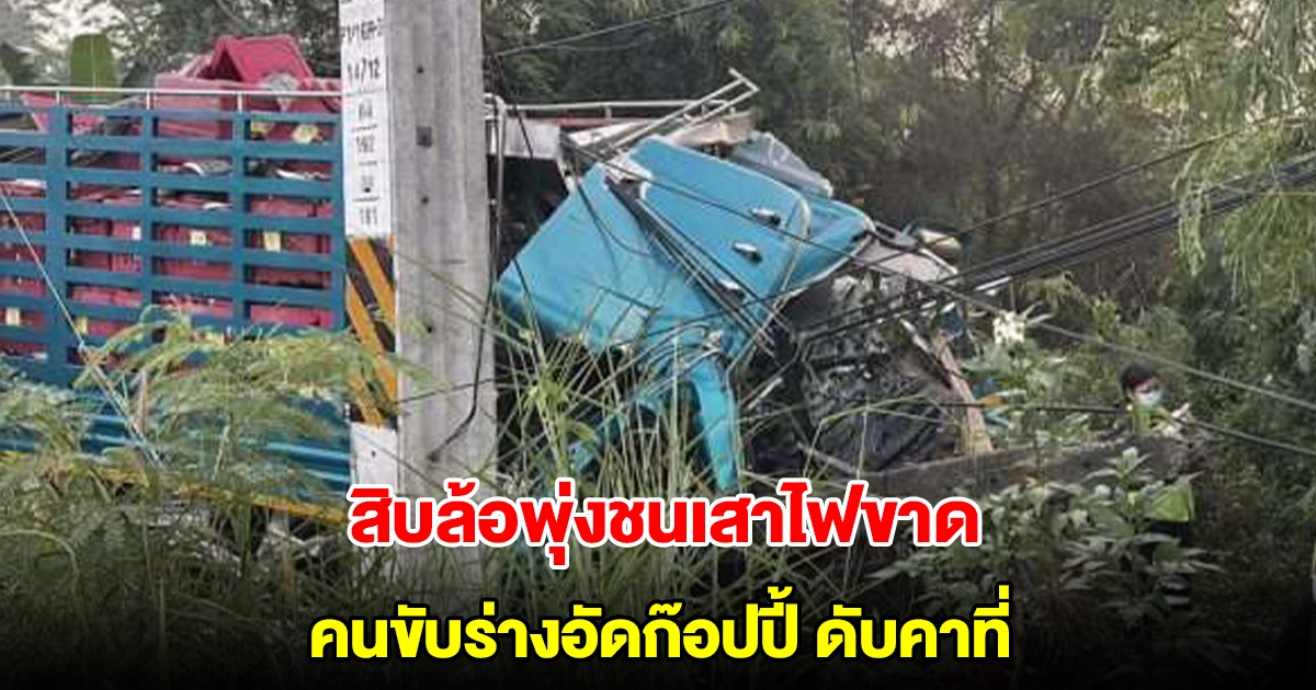 สิบล้อบรรทุกปลา เสียหลักตกข้างทาง พุ่งชนเสาไฟขาด คนขับร่างอัดก๊อปปี้ดับคาที่