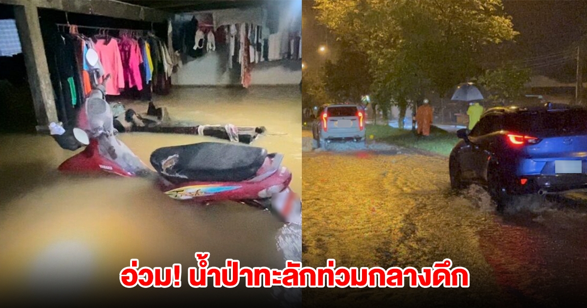 อ่วม! น้ำป่าทะลักท่วมกลางดึก หลากท่วมถนนพัทลุง-ตรัง ชาวบ้านเร่งขนของหนีน้ำ