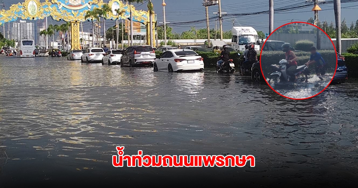 ฝนถล่มสมุทรปราการ น้ำท่วมถนนแพรกษา สูงมิดขอบฟุตบาท รถเสียหายหลายคัน