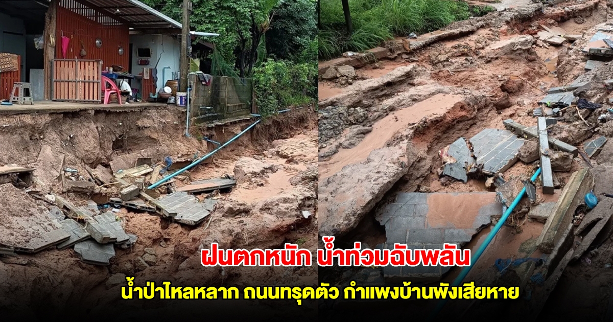 อิทธิพลพายุหวู่ติบ ถล่มยโสธร ฝนตกหนัก เกิดน้ำท่วมฉับพลัน น้ำป่าไหลหลาก ถนนทรุดตัว กำแพงบ้านพังเสียหาย
