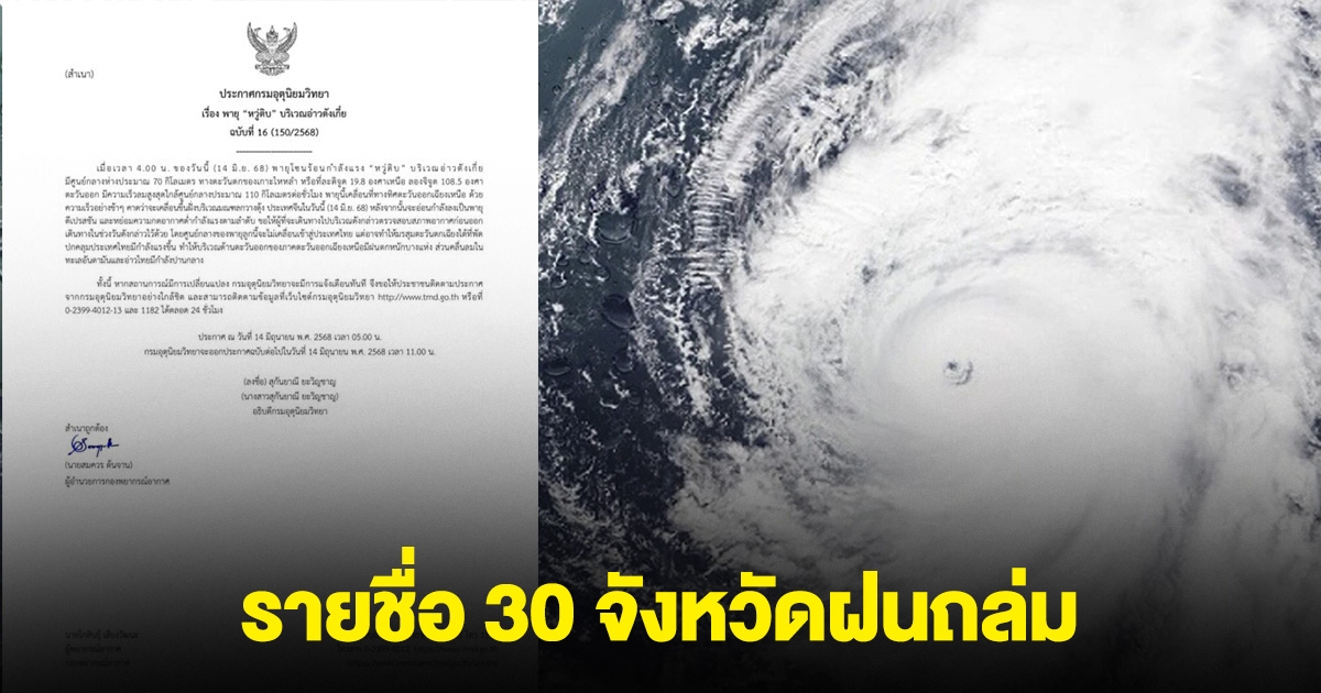 รายชื่อ 30 จังหวัดฝนถล่ม พายุหวู่ติบ ขึ้นฝั่งวันนี้