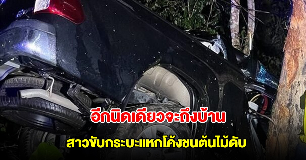 สาวขับกระบะกลับบ้าน วันหยุดยาว รถแหกโค้งชนต้นไม้ อัดร่างเสียชีวิตสลด