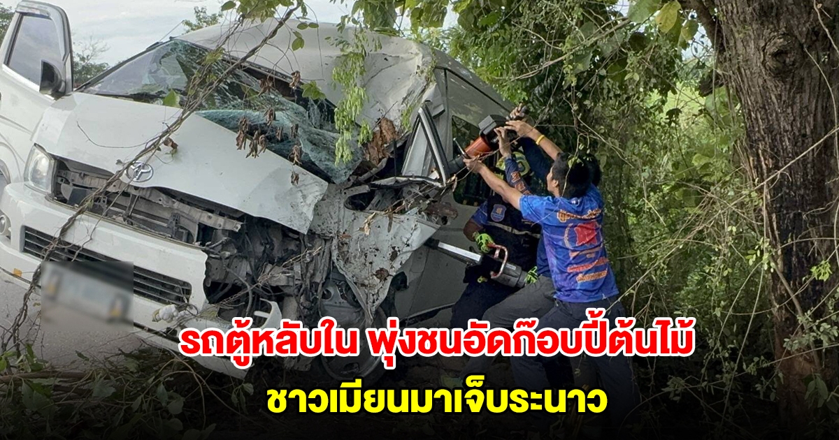 รถตู้หลับใน พุ่งชนอัดก๊อบปี้ต้นไม้ ชาวเมียนมาเจ็บระนาว มีเด็กวัย 2 เดือนด้วย