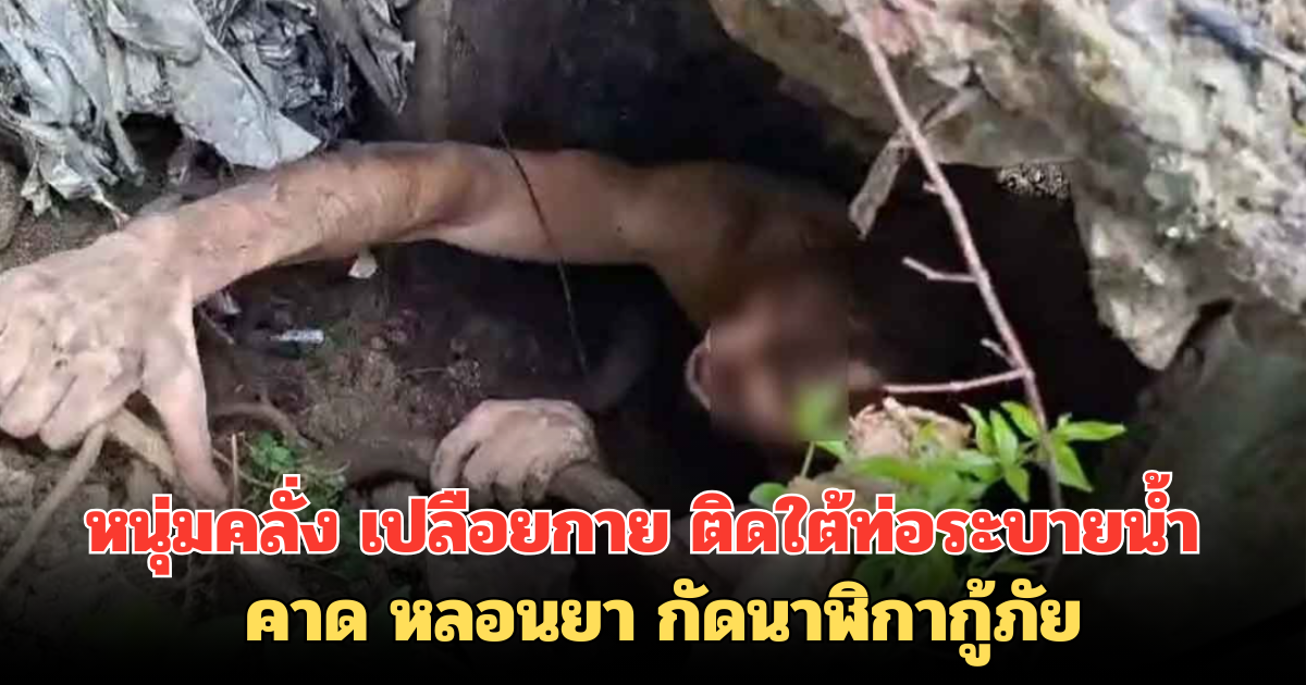 หนุ่มคลั่ง เปลือยกาย ติดใต้ท่อระบายน้ำ คาด หลอนยา กัดนาฬิกากู้ภัย