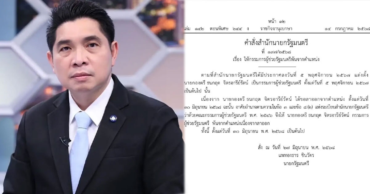ราชกิจจาฯ ให้ นายกองตรี ธนกฤต จิตรอารีย์รัตน์ พ้นจากตำแหน่ง