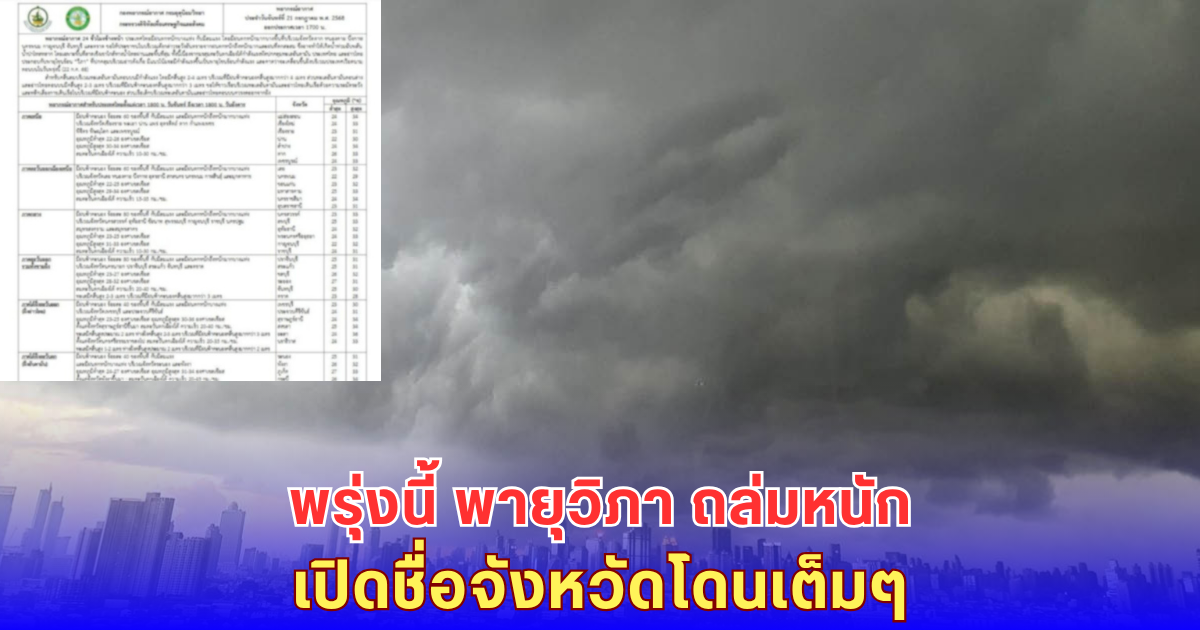 กรมอุตุฯ เตือนฉบับที่ 8 พายุวิภา ถล่มหนัก เปิดชื่อจังหวัดโดนเต็มๆ ถึงวันที่ 24 ก.ค. 68 เรือเล็กงดออกฝั่ง