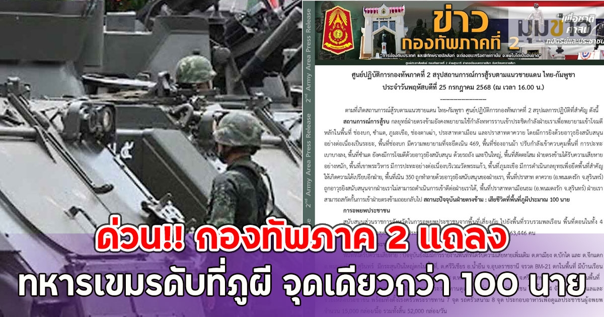 ด่วน!! กองทัพภาค 2 แถลง ทหารเขมรดับที่ภูผี จุดเดียวกว่า 100 นาย
