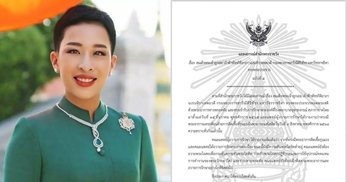 แถลงการณ์สำนักพระราชวัง เจ้าฟ้าพัชรกิติยาภา ทรงพระประชวร ฉบับที่ 5