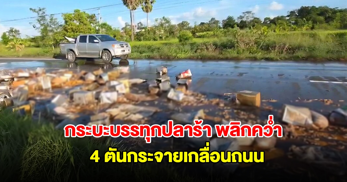 กระบะบรรทุกปลาร้า ยางระเบิดพลิกคว่ำ 4 ตันกระจายเกลื่อนถนน