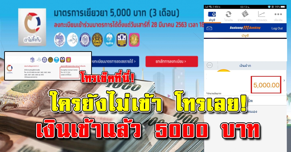 เงินเข้าแล้ว 5000 เราไม่ทิ้งกัน ใครยังไม่เข้าสามารถโทรตรวจสอบสิทธิ์ได้