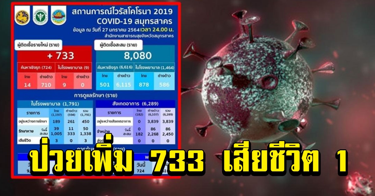 ด่วน สมุทรสาคร ป่วยใหม่เพิ่ม 733 ราย เสียชีวิตอีก 1 ราย