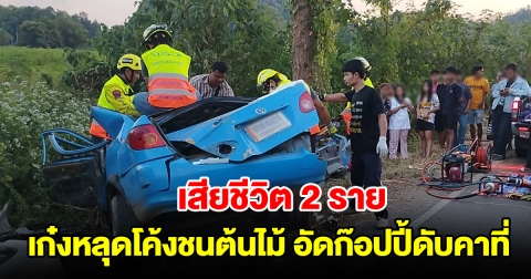 สลด เก๋งหลุดโค้ง ชนต้นไม้อัดก๊อปปี้ ดับคาที่ 2 ราย