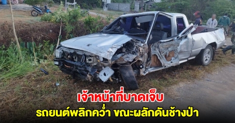 เจ้าหน้าที่บาดเจ็บ หลังรถยนต์พลิกคว่ำ ขณะผลักดันช้างป่า