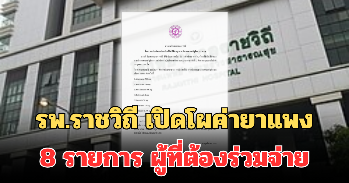 แจ้งแล้ว! รพ.ราชวิถี เปิดโผค่ายาแพง 8 รายการ ผู้ที่ต้องร่วมจ่าย