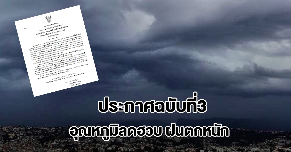 กรมอุตุฯ ประกาศฉบับที่3 เตือนลมแรง อุณหภูมิลดฮวบ เปิดรายชื่อจังหวัดฝนตกหนัก