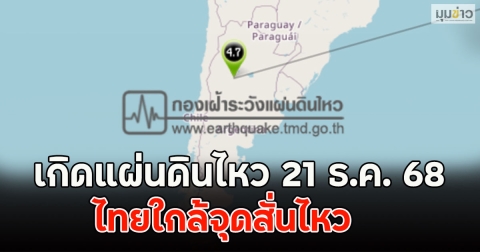 เกิดแผ่นดินไหว 21 ธ.ค. 68 ไทยใกล้จุดสั่นไหว ระวัง ภาคเหนือ-อีสาน-ใต้