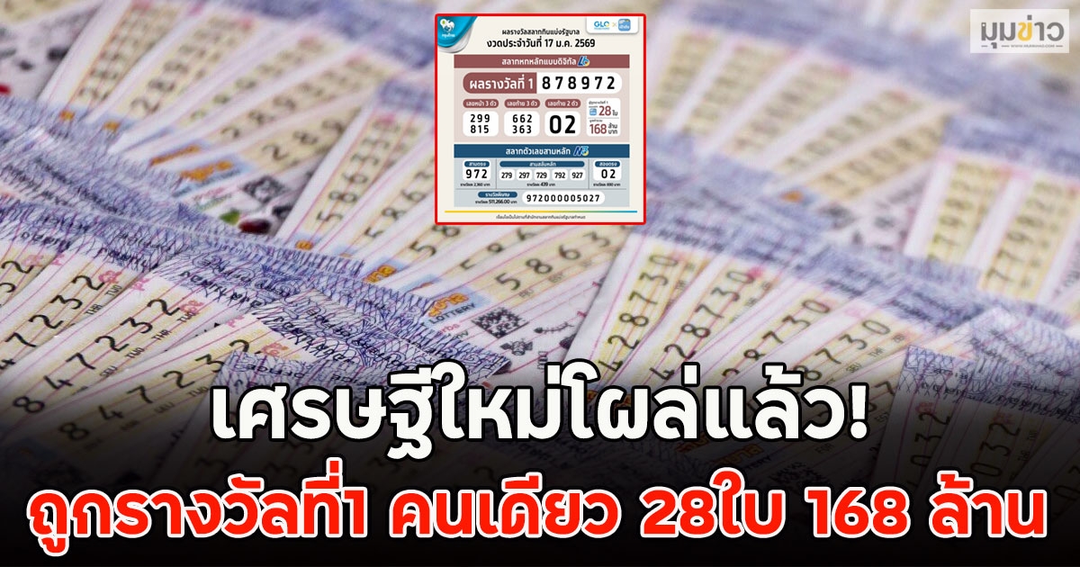เศรษฐีใหม่โผล่แล้ว! ถูกรางวัลที่1 คนเดียว 28ใบ 168 ล้าน