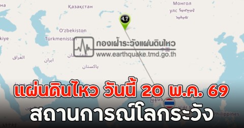 แผ่นดินไหว วันนี้ 20 พ.ค. 69 สถานการณ์โลกระวัง