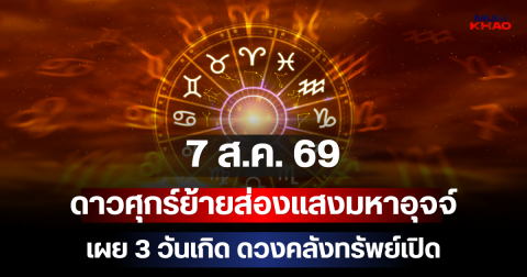 สะเทือนวันศุกร์! 7 ส.ค. 69 ดาวศุกร์ย้ายส่องแสงมหาอุจจ์ เผย 3 วันเกิด ดวงคลังทรัพย์เปิด เงินก้อนโตทะลักเข้ากระเป๋ารับสุดสัปดาห์!