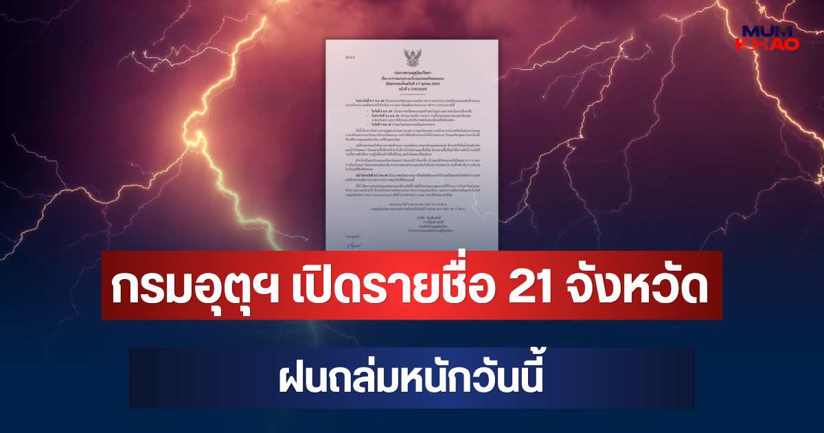ประกาศแล้ว! กรมอุตุฯ เตือน เปิดรายชื่อ 21 จังหวัด ฝนถล่มหนักวันนี้